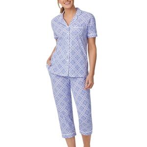 Karen Neuburger Women's Notch Collar 2-Piece Slim Leg Pajama Set Small Blue
